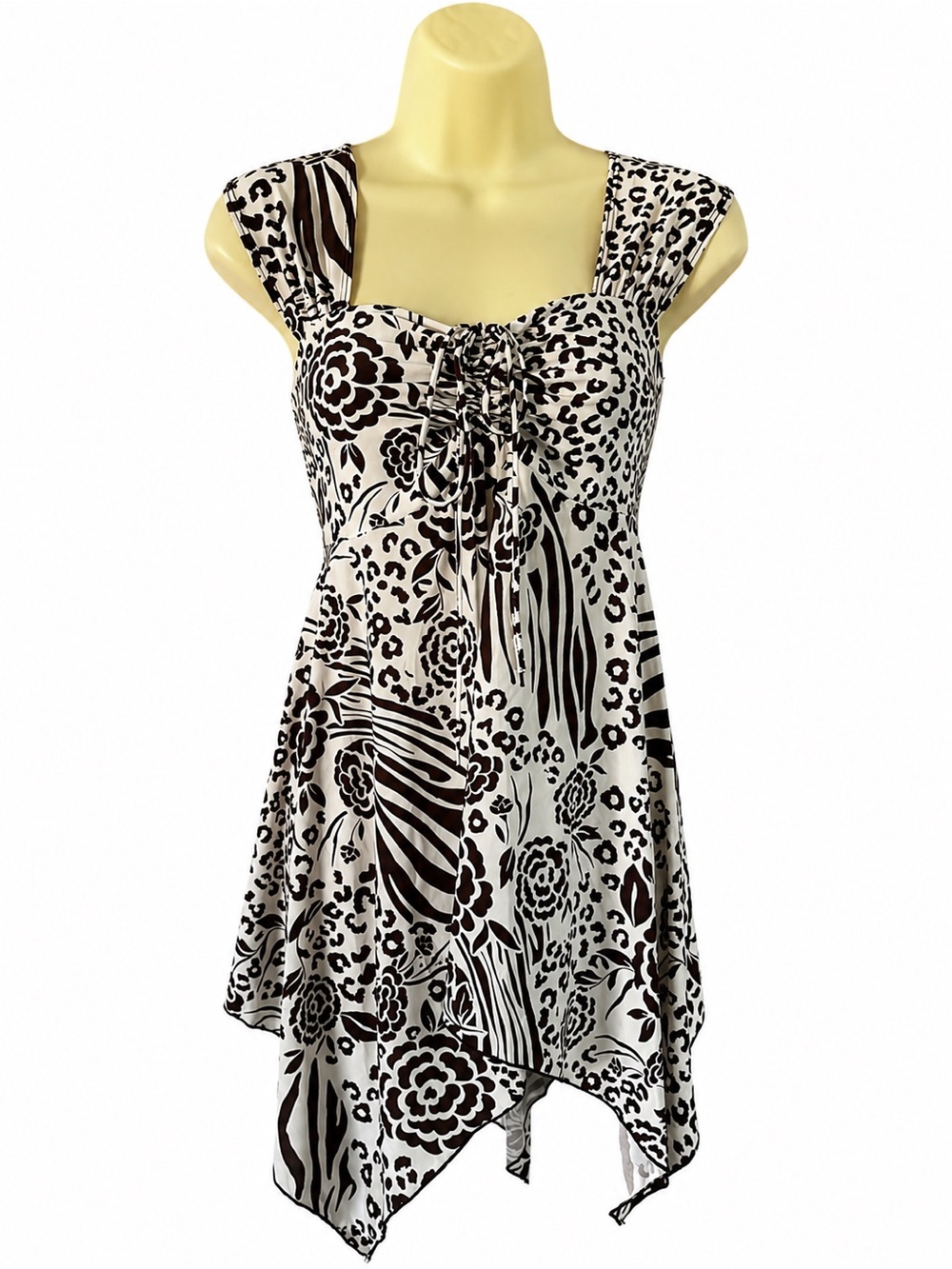 Vintage 90s Y2K Stretch USA Babydoll Tunic Mini Dress Animal Floral Print M/L?